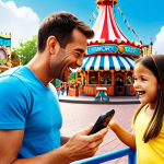 **Immersive Theme Park Experience:** A family joyfully interacting with a mobile app within a vibrant theme park, showcasing personalized ride suggestions, weather updates, and snack discounts. Focus on the seamless integration of technology enhancing their day.