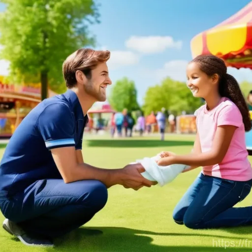 레저산업 실무의 고객 경험 설계 - **Prompt:** "A heartfelt moment of exceptional customer service at a bustling French amusement park....