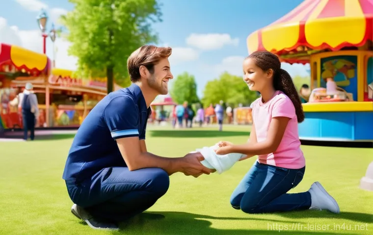 레저산업 실무의 고객 경험 설계 - **Prompt:** "A heartfelt moment of exceptional customer service at a bustling French amusement park....