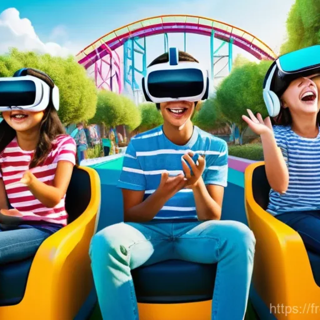 레저산업 실무에서 리더십 발휘하기 - **Prompt:** "A vibrant, futuristic amusement park bustling with diverse families and teenagers, all ...