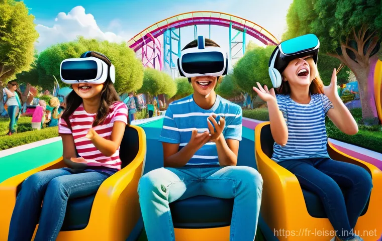 레저산업 실무에서 리더십 발휘하기 - **Prompt:** "A vibrant, futuristic amusement park bustling with diverse families and teenagers, all ...