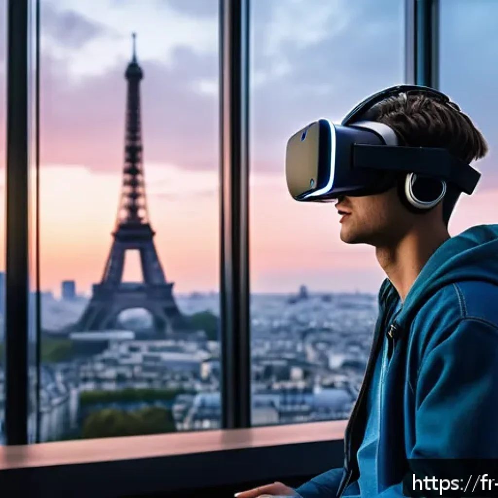 레저산업 실무의 AI 기술 적용 - A futuristic virtual reality gaming scene set in a sleek, high-tech Parisian apartment, showing a yo...