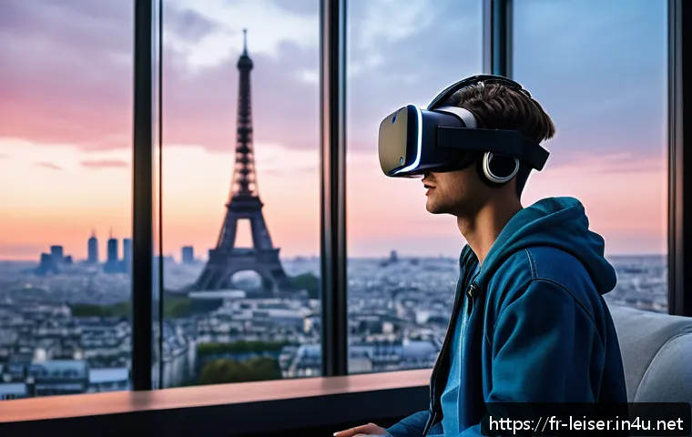 레저산업 실무의 AI 기술 적용 - A futuristic virtual reality gaming scene set in a sleek, high-tech Parisian apartment, showing a yo...