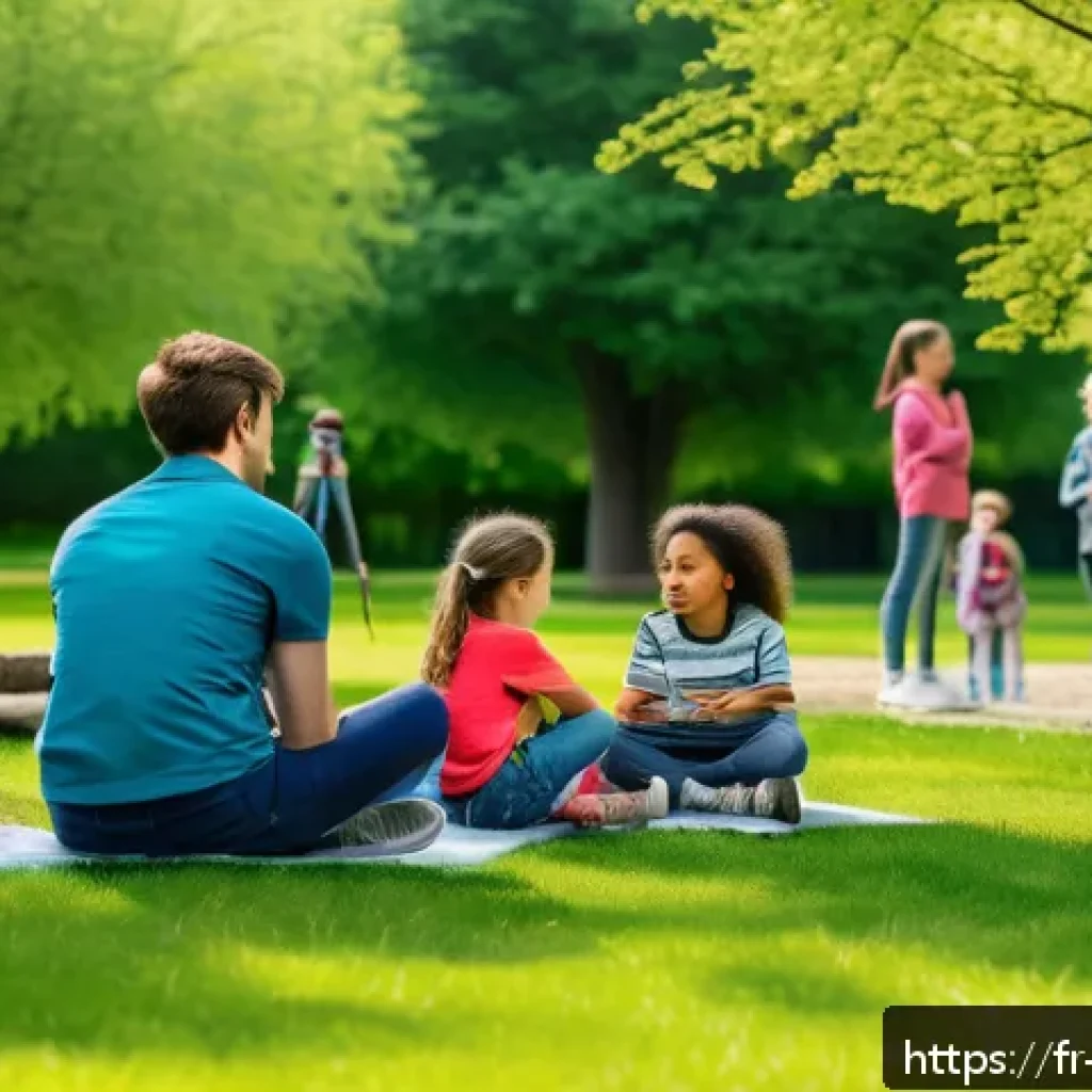 레저산업기사 시험의 실기 준비물 - A professional outdoor group activity scene in a French park during spring, showing a confident inst...