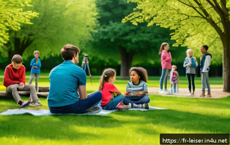 레저산업기사 시험의 실기 준비물 - A professional outdoor group activity scene in a French park during spring, showing a confident inst...