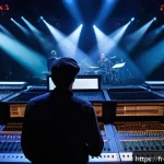 레저산업기사 직무와 역할 분석 - A highly detailed scene of a professional audiovisual technician managing a live concert setup in a ...