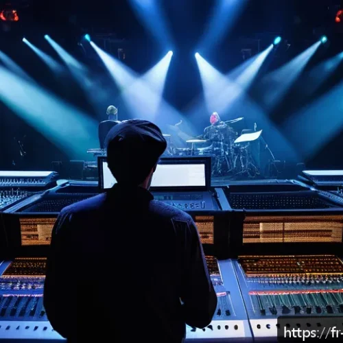 레저산업기사 직무와 역할 분석 - A highly detailed scene of a professional audiovisual technician managing a live concert setup in a ...