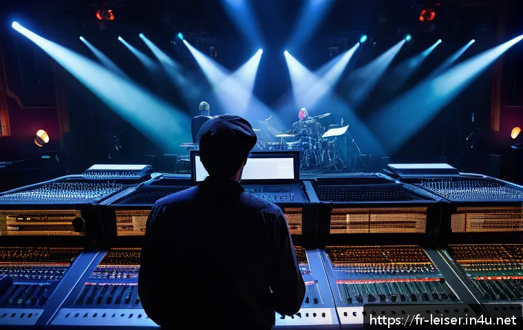 레저산업기사 직무와 역할 분석 - A highly detailed scene of a professional audiovisual technician managing a live concert setup in a ...