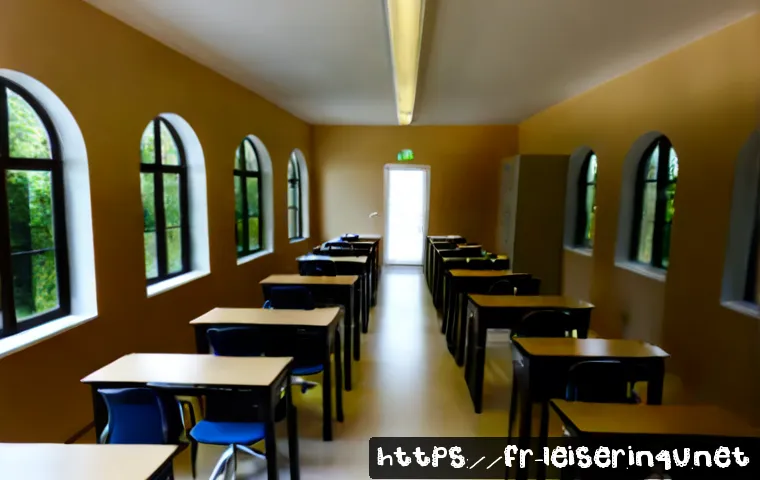 레저산업기사 시험장 환경과 준비물 - Photorealistic wide-angle view of a quiet French professional certification exam room, evenly spaced...