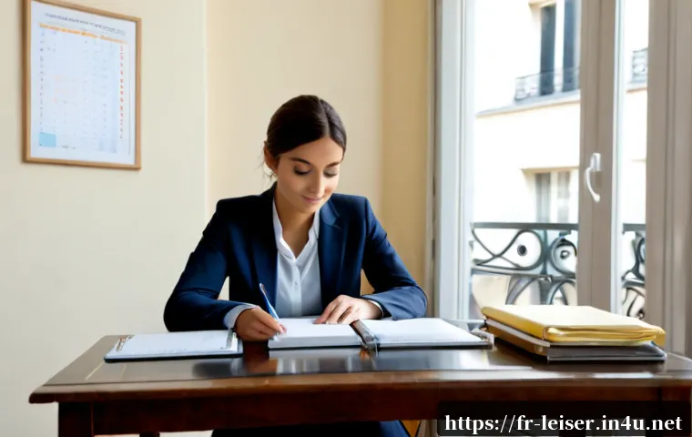 레저산업기사 시험 최신 정보 - Photorealistic French leisure industry certification preparation scene, confident adult candidate st...